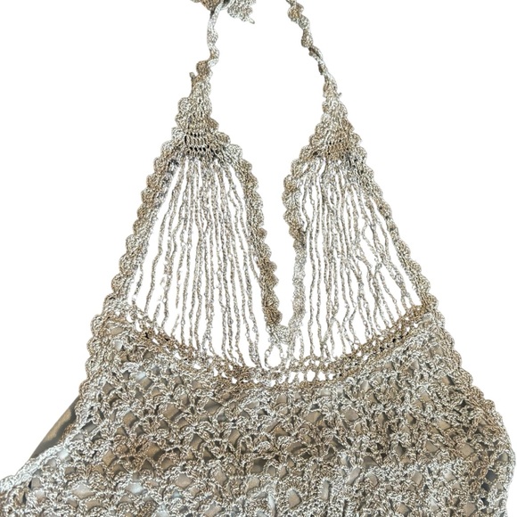 Ricki's Metallic Silver/Cream Lined Crocheted Halter Neck Style Top Size Small - Picture 11 of 16